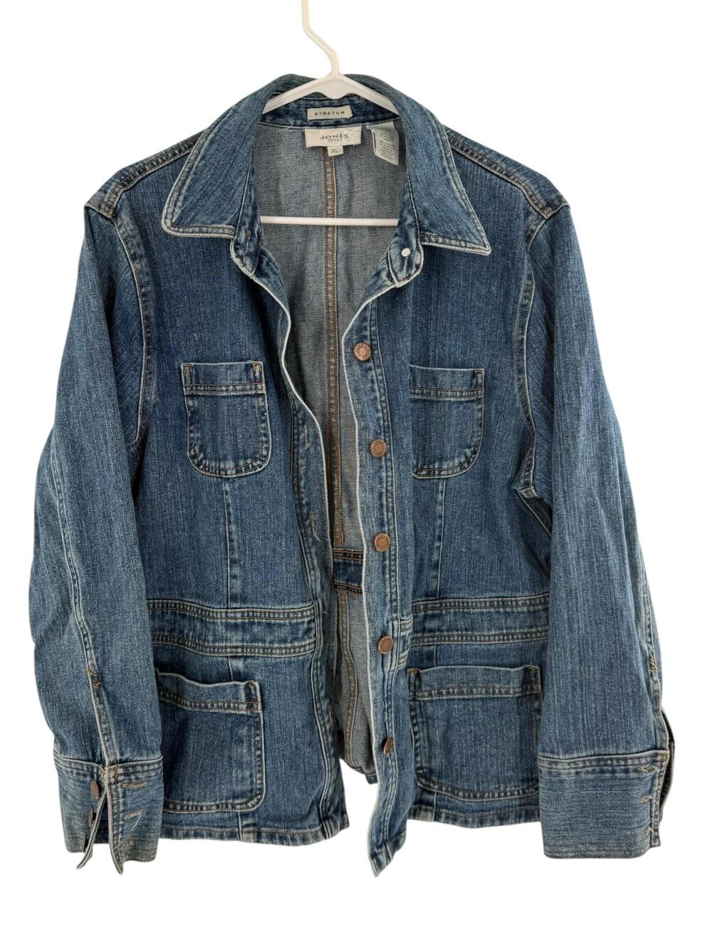 VTG Jones Sport Jacket Womens XL Blue Stretch Denim Utility Pockets Button Front